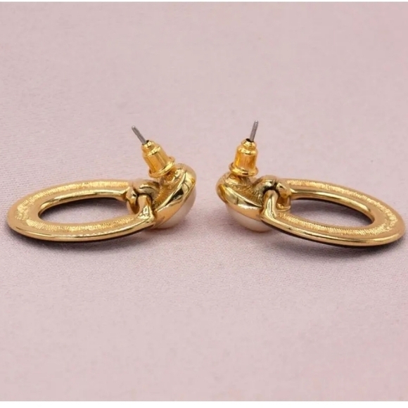 Vintage Monet Gold Pearl Black Enamel Door Knocker Earrings - Picture 3 of 4